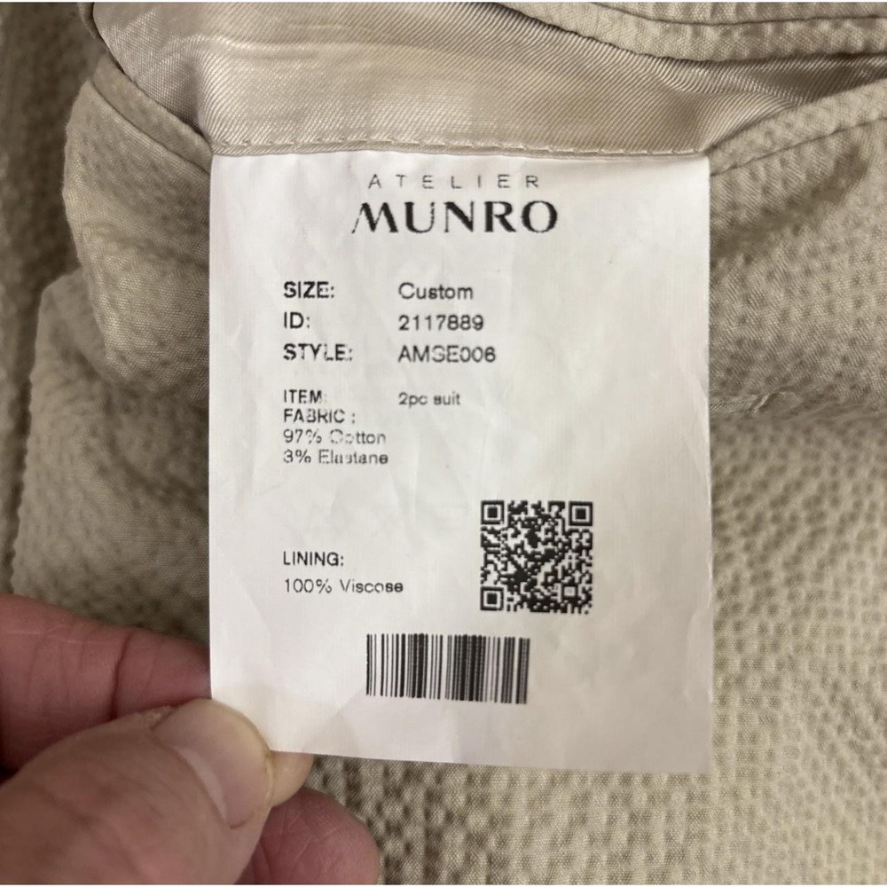 Atelier Munro Suit Mens 46S 42x27 Beige Seersucker Cotton Stretch 2 Pc Subalpino - Picture 12 of 16